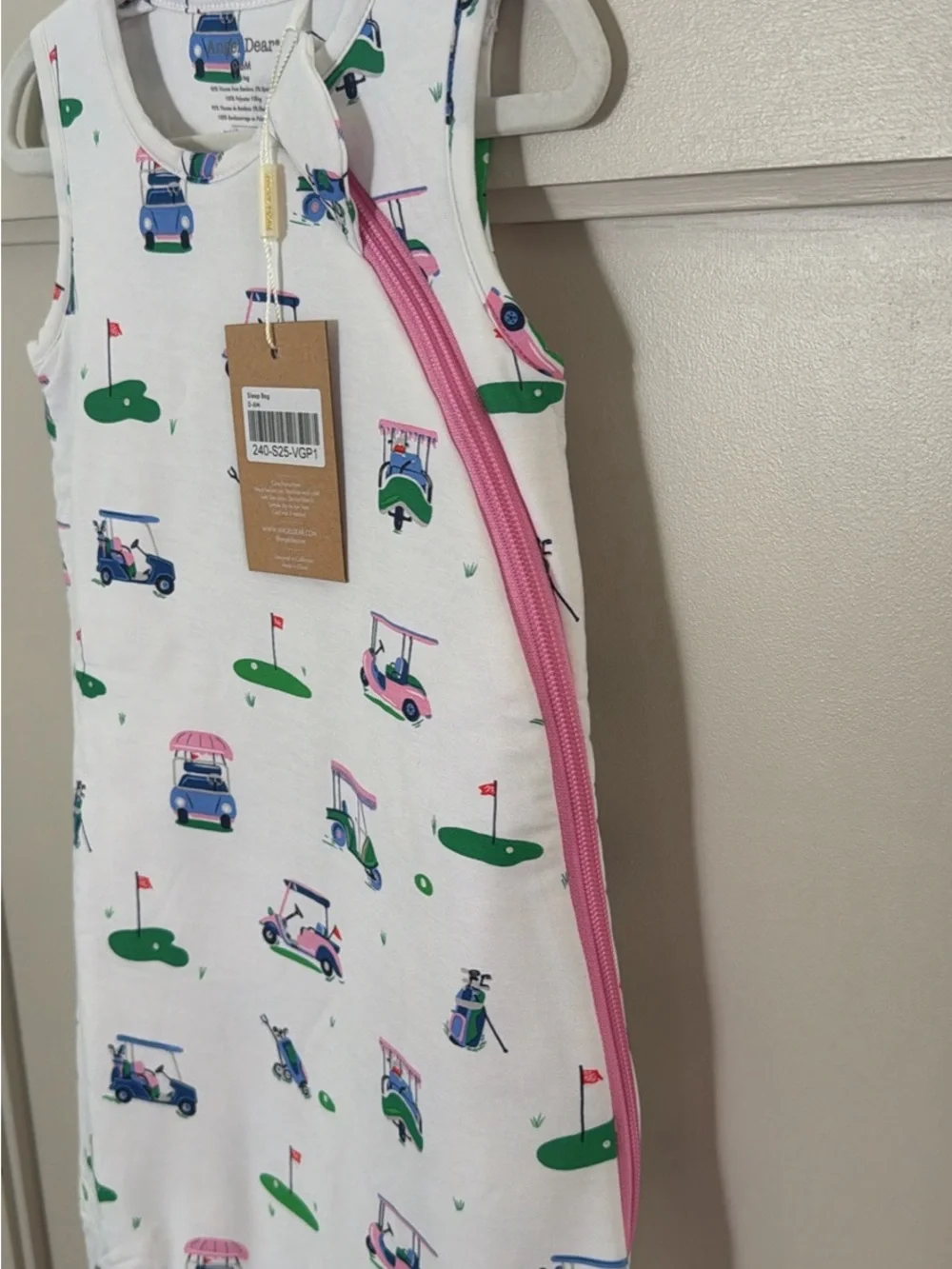 Angel Dear White Sleep Sack with Pink, Green and Blue Golf Cart Print